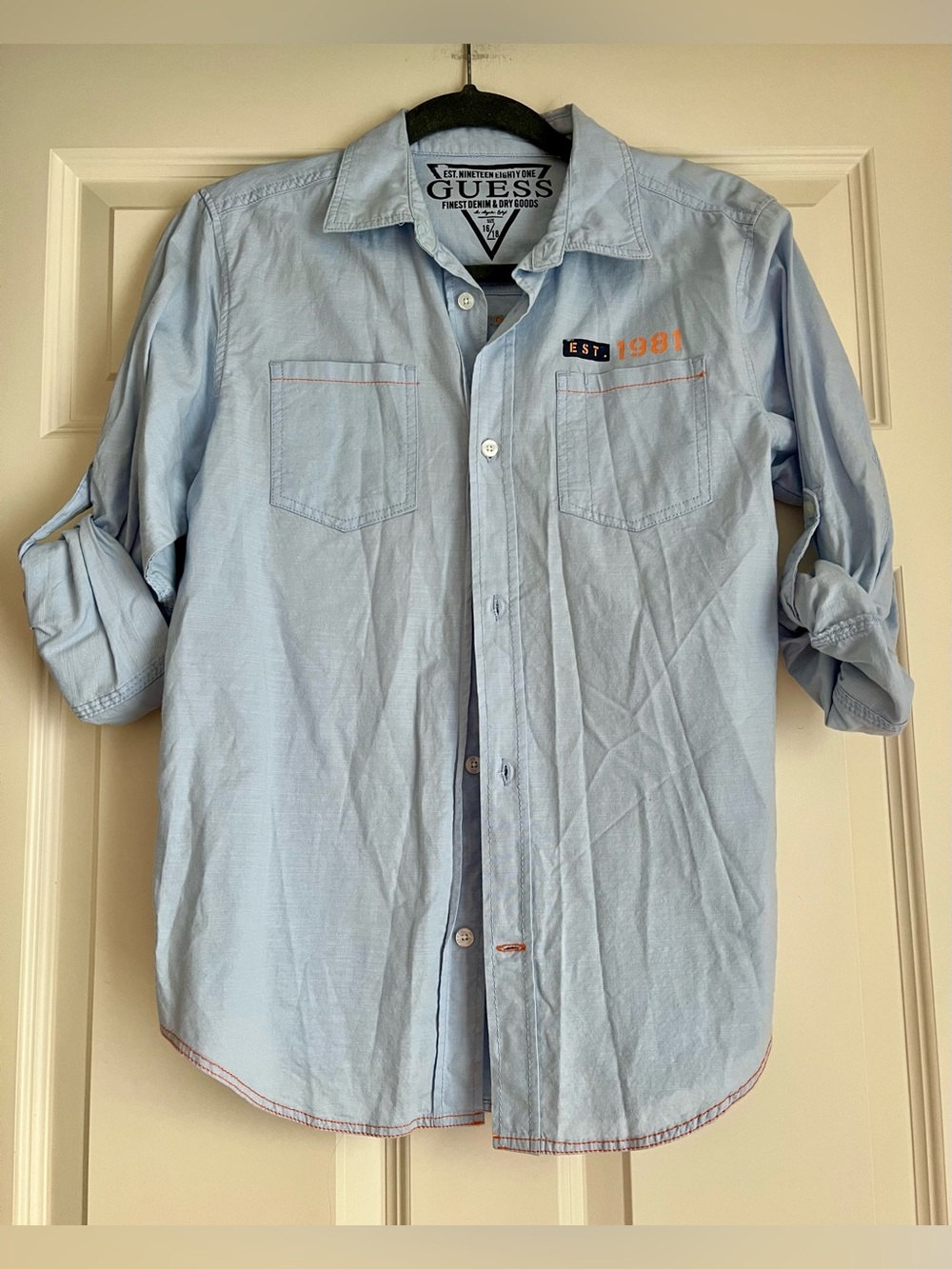 GUESS Boy’s XL 16-18 Light Blue Casual Button-Down Shirt with Chest Pockets